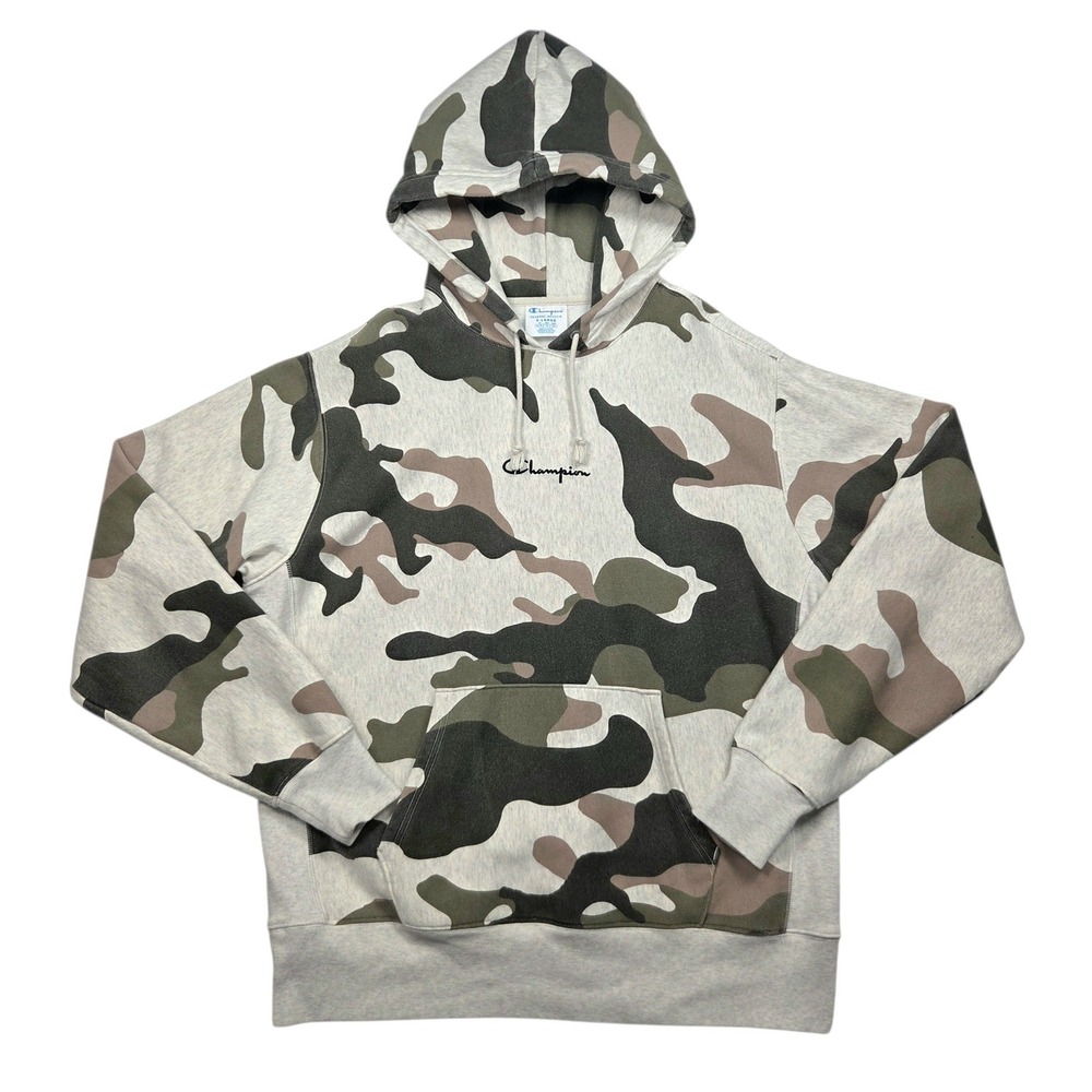 Champion Reverse Weave Hoodie XL Grey Camo Script Logo Heavyweight Pullover